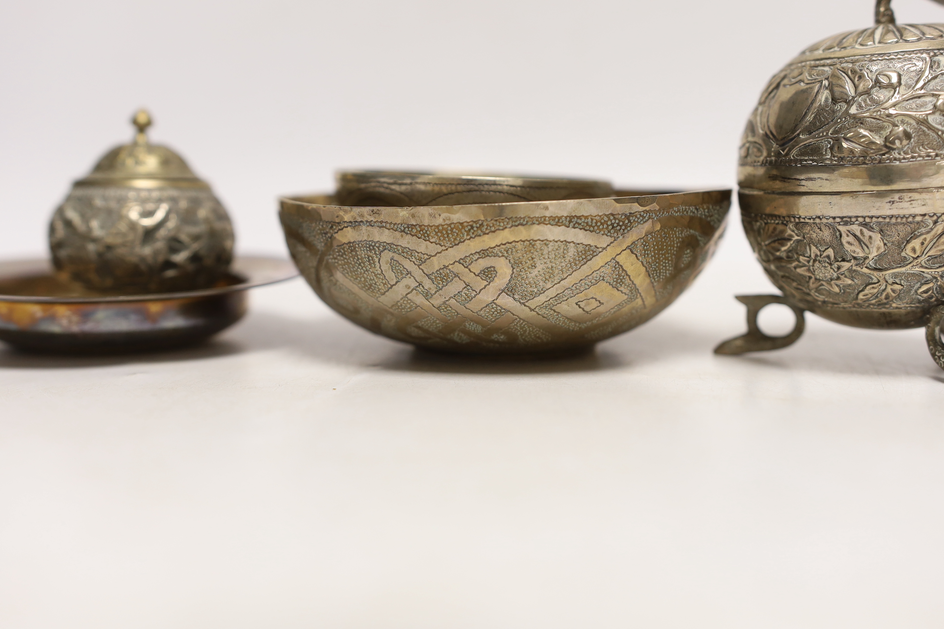 A boxed modern silver dish, three continental bowls and two Persian small boxes and covers.